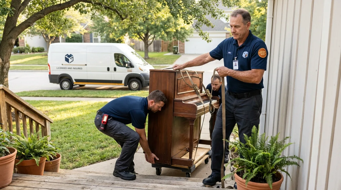Licensed piano movers securing grand piano in Patillas, PR